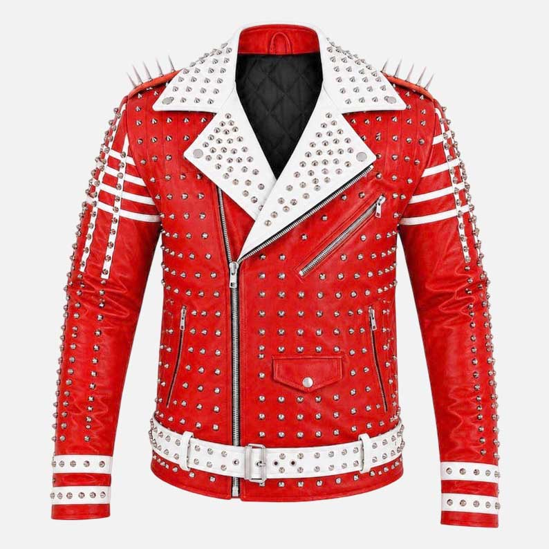 New red studded leather racing jacket for men with white contrast panels and silver spikes