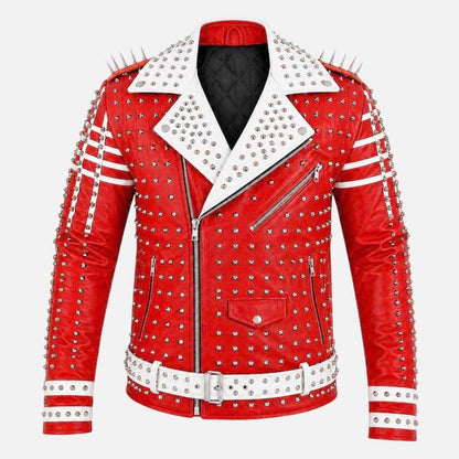 New red studded leather racing jacket for men with white contrast panels and silver spikes