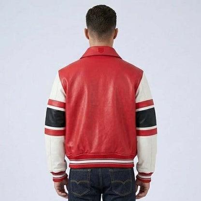 Men's Salvage Red Genuine Leather Varsity Bomber Jacket with Snap Closure