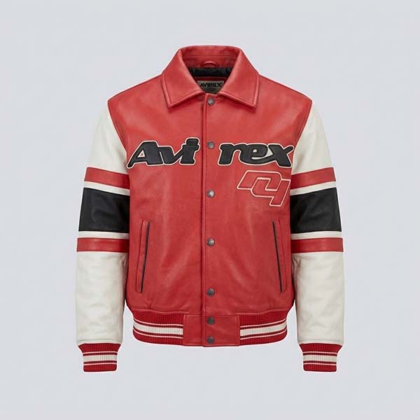 Men's Salvage Red Genuine Leather Varsity Bomber Jacket with Snap Closure