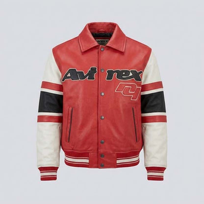 Men's Salvage Red Genuine Leather Varsity Bomber Jacket with Snap Closure