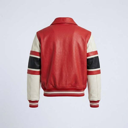 Men's Salvage Red Genuine Leather Varsity Bomber Jacket with Snap Closure