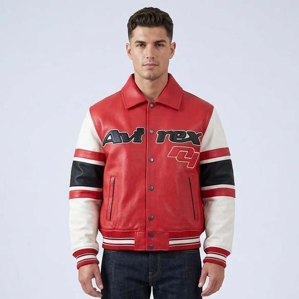 Men's Salvage Red Genuine Leather Varsity Bomber Jacket with Snap Closure