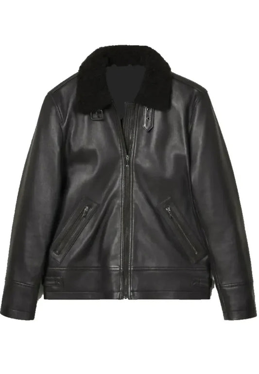Men’s Black Biker Leather Jacket with Shearling Collar – Rugged Winter Style
