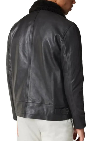 Men’s Black Biker Leather Jacket with Shearling Collar – Rugged Winter Style