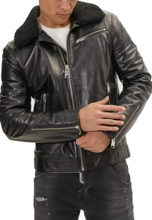 Men’s Black Leather Biker Jacket with Shearling Collar – Bold Warmth, Timeless Edge