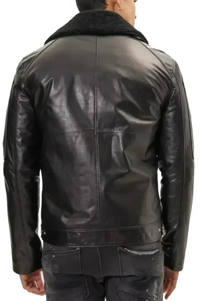 Men’s Black Leather Biker Jacket with Shearling Collar – Bold Warmth, Timeless Edge