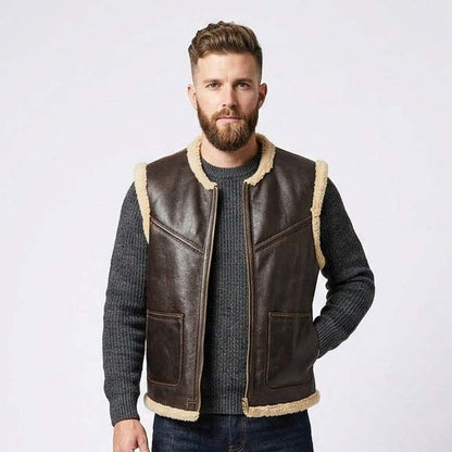 Men's Black Shearling Leather Vest with Genuine Leather Biker Style