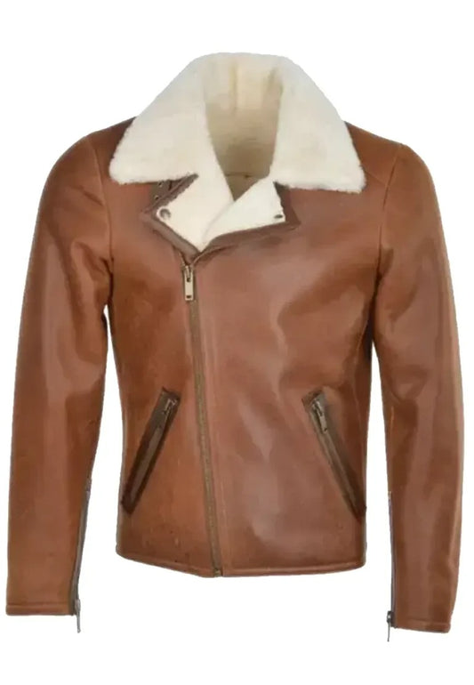 Men’s Brown Leather Biker Jacket with Side Zip & Shearling – Rugged Winter Icon