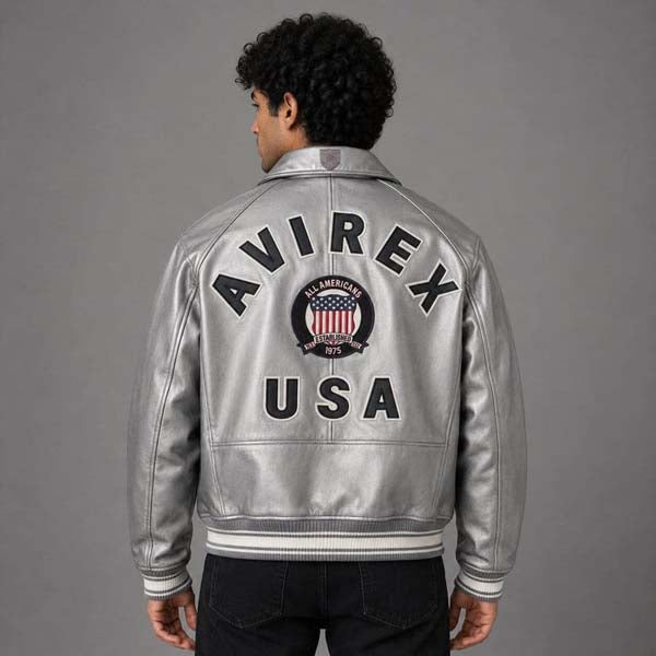 Men's Silver Sheepskin Leather Flight Bomber Jacket with Metallic Finish