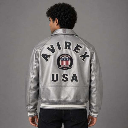 Men's Silver Sheepskin Leather Flight Bomber Jacket with Metallic Finish