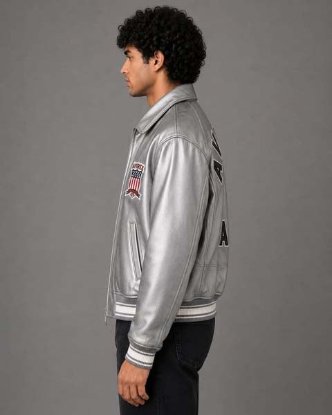 Men's Silver Sheepskin Leather Flight Bomber Jacket with Metallic Finish