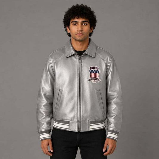 Men's Silver Sheepskin Leather Flight Bomber Jacket with Metallic Finish