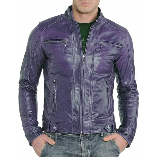 Men’s Slim Fit Purple Cafe Racer Leather Jacket