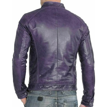 Men’s Slim Fit Purple Cafe Racer Leather Jacket