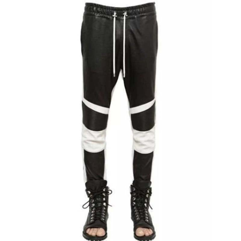 Men's Black Lambskin Leather Biker Pants with Slim Fit Moto Style