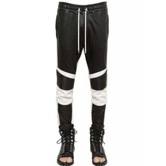 Men's Black Lambskin Leather Biker Pants with Slim Fit Moto Style