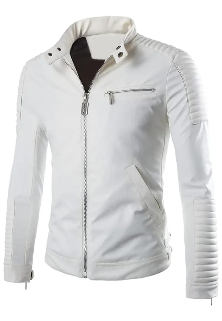 Men’s Slim Fit Zip-Up White Leather Biker Jacket – Stylish Motorcycle Outerwear