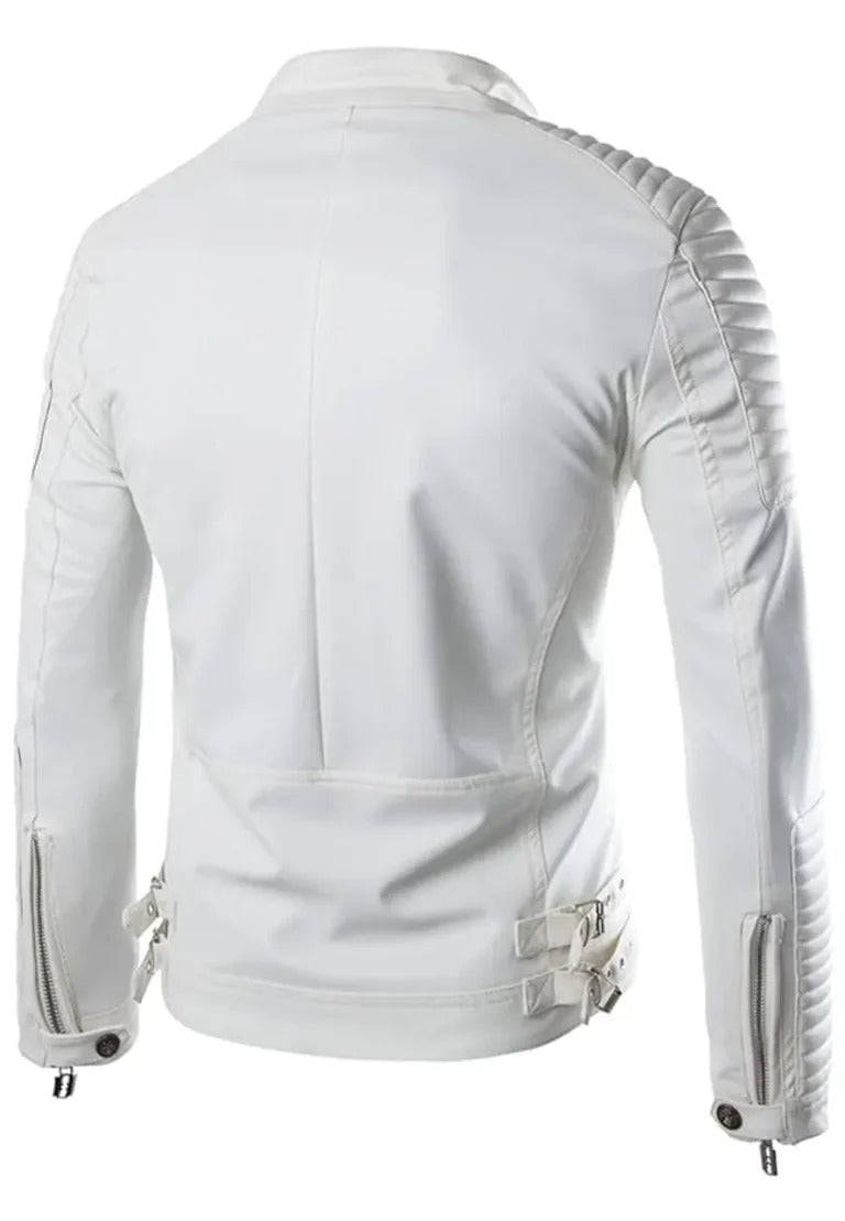 Men’s Slim Fit Zip-Up White Leather Biker Jacket – Stylish Motorcycle Outerwear