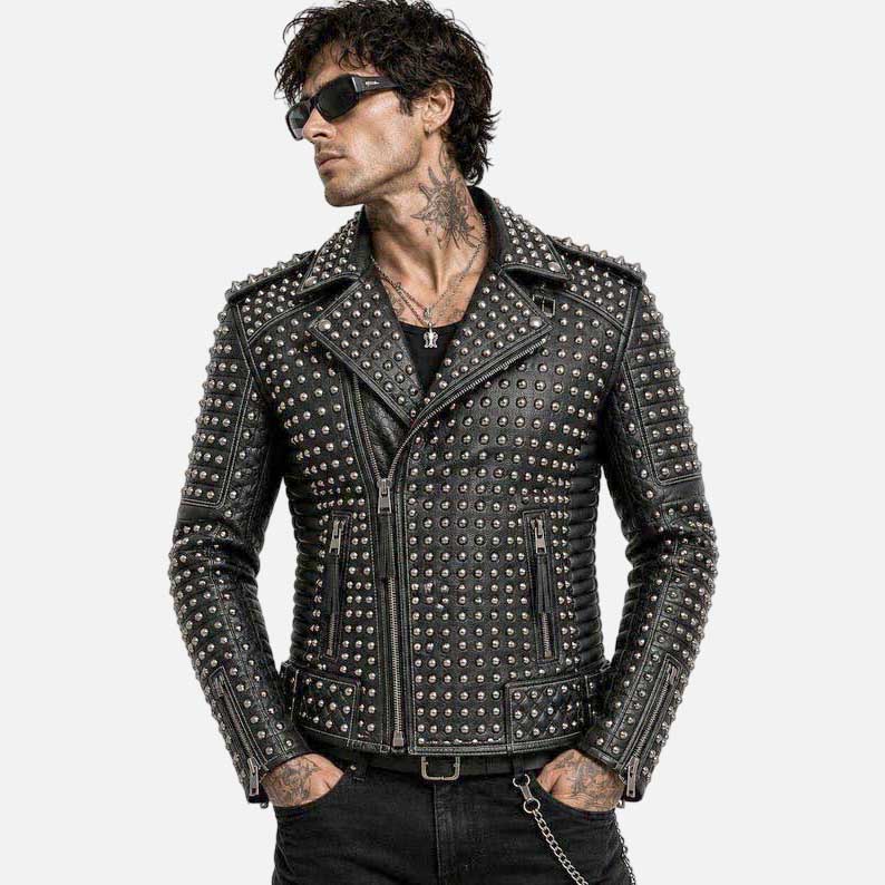Stylish black studded leather jacket for sale with biker inspired punk fashion look