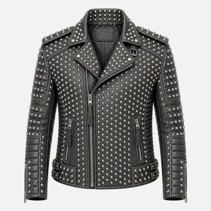 New studded black leather jacket for men with silver metal stud detailing and biker style