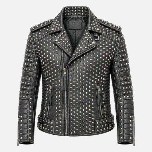 New studded black leather jacket for men with silver metal stud detailing and biker style