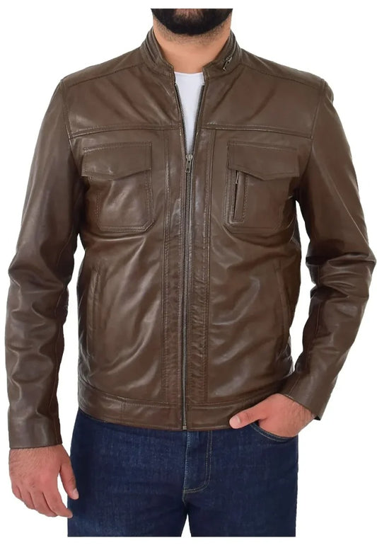 Men’s Timber Brown Leather Biker Jacket – Rugged Classic Moto Style