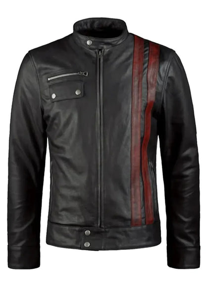 Men’s Vintage Black Leather Biker Jacket with Red Stripe – Retro Moto Style