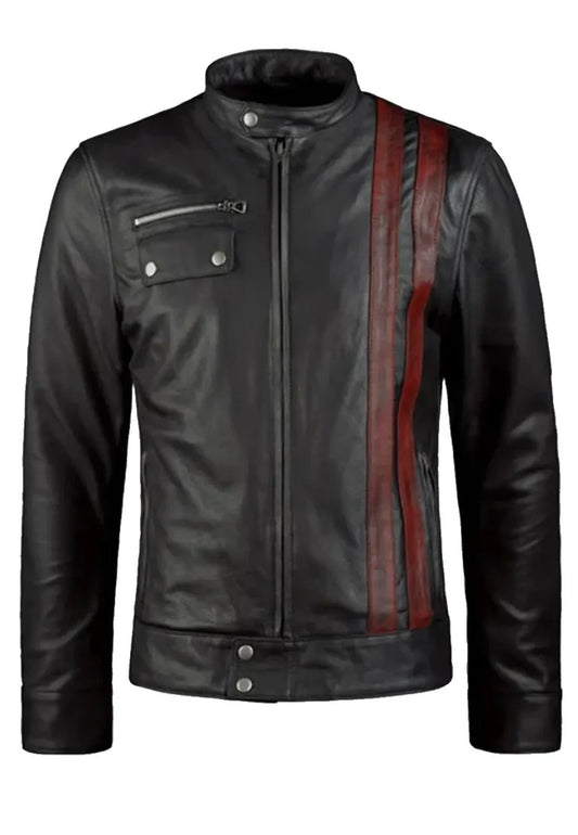 Men’s Vintage Black Leather Biker Jacket with Red Stripe – Retro Moto Style