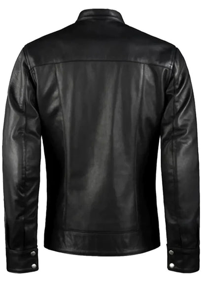 Men’s Vintage Black Leather Biker Jacket with Red Stripe – Retro Moto Style