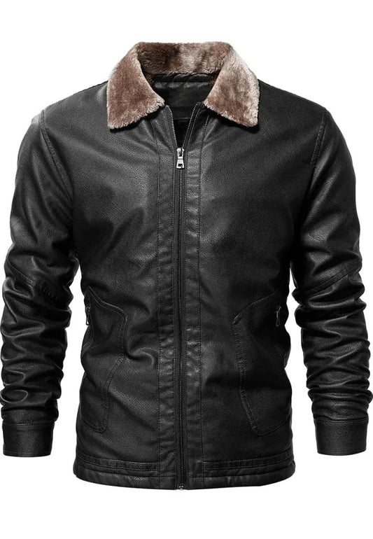 Men’s Vintage Black Leather Jacket with Shearling Collar – Rugged Winter Biker Style