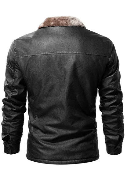 Men’s Vintage Black Leather Jacket with Shearling Collar – Rugged Winter Biker Style
