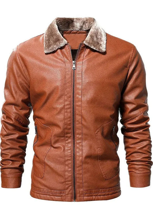 Men’s Vintage Brown Leather Jacket with Shearling Collar – Classic Winter Outerwear