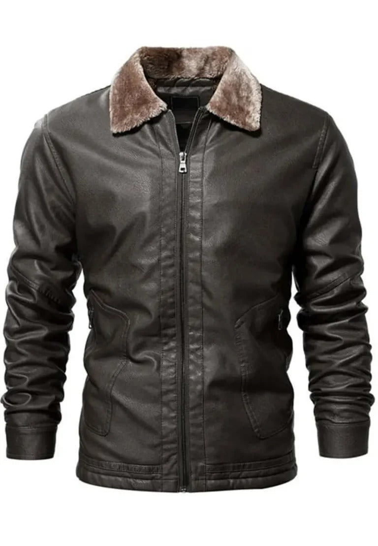 Men’s Vintage Coffee Leather Jacket with Shearling Collar – Timeless Warmth & Style