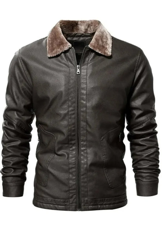 Men’s Vintage Coffee Leather Jacket with Shearling Collar – Timeless Warmth & Style