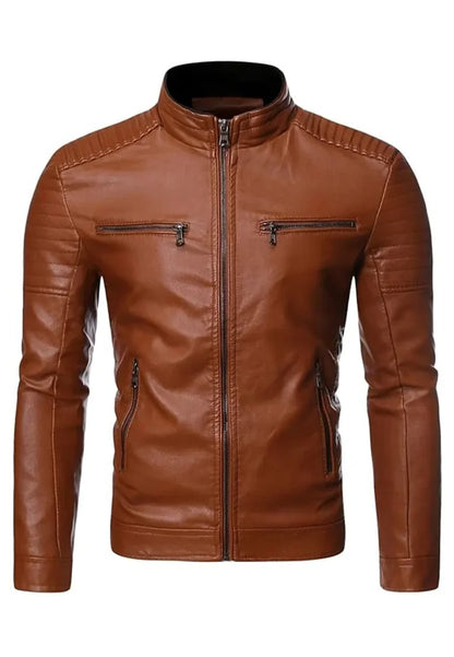 Men’s Vintage Stand Collar Brown Leather Biker Jacket – Retro Motorcycle Outerwear