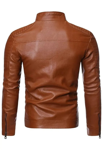 Men’s Vintage Stand Collar Brown Leather Biker Jacket – Retro Motorcycle Outerwear
