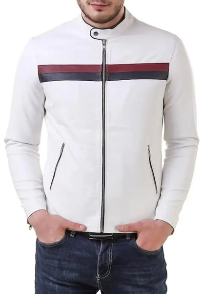Men’s White Leather Biker Jacket with Red and Black Stripes – Bold Racing Style