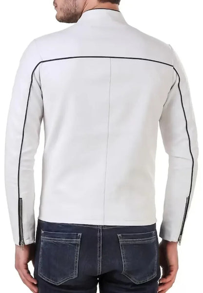 Men’s White Leather Biker Jacket with Red and Black Stripes – Bold Racing Style