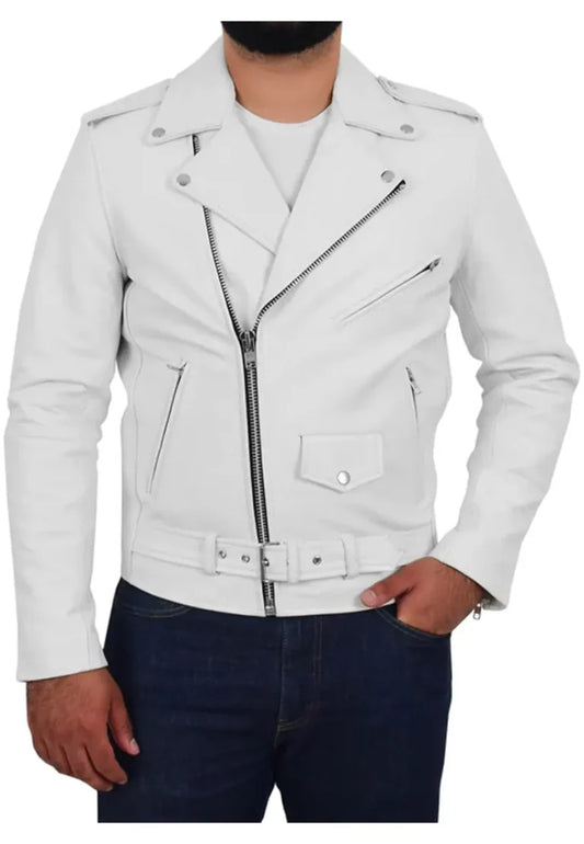 Men’s White Rock Biker Leather Jacket – Clean Look, Rebel Energy