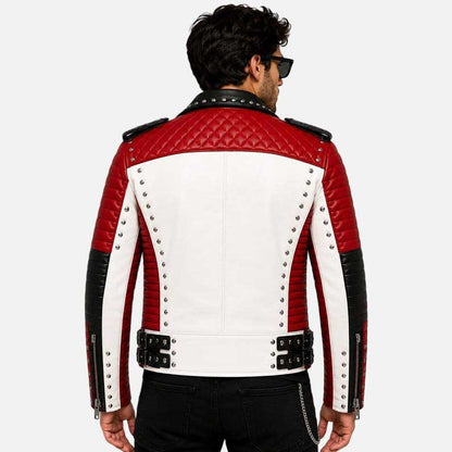 Premium white red black leather jacket with quilted moto design and studded details