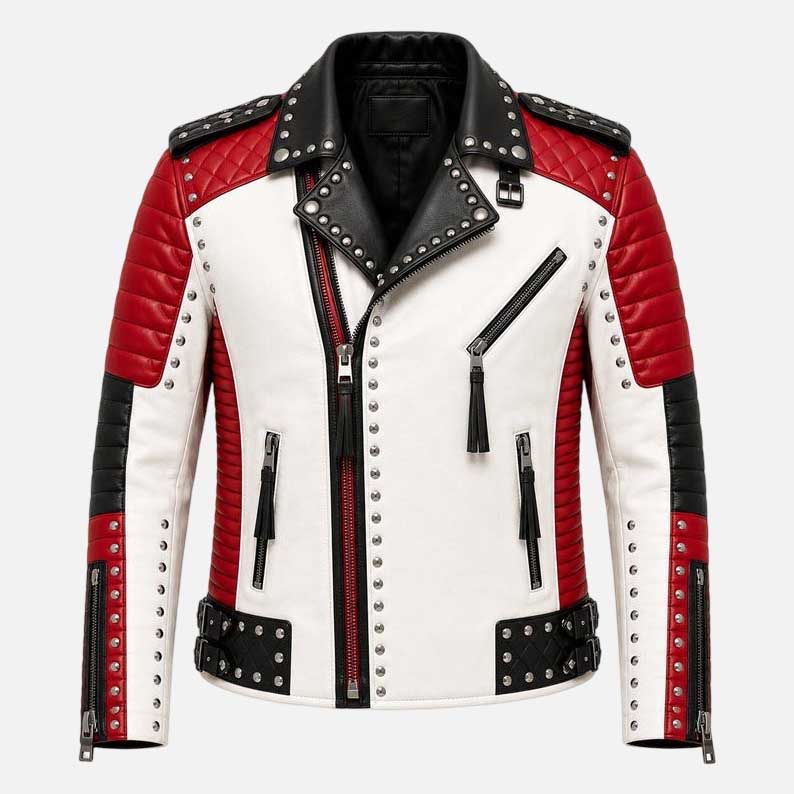 New studded leather biker jacket for men in white red and black three tone design