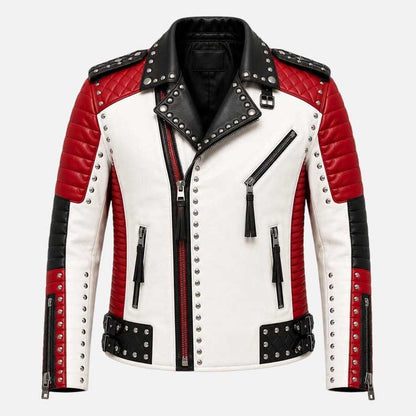 New studded leather biker jacket for men in white red and black three tone design