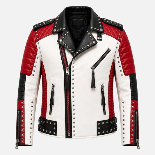 New studded leather biker jacket for men in white red and black three tone design