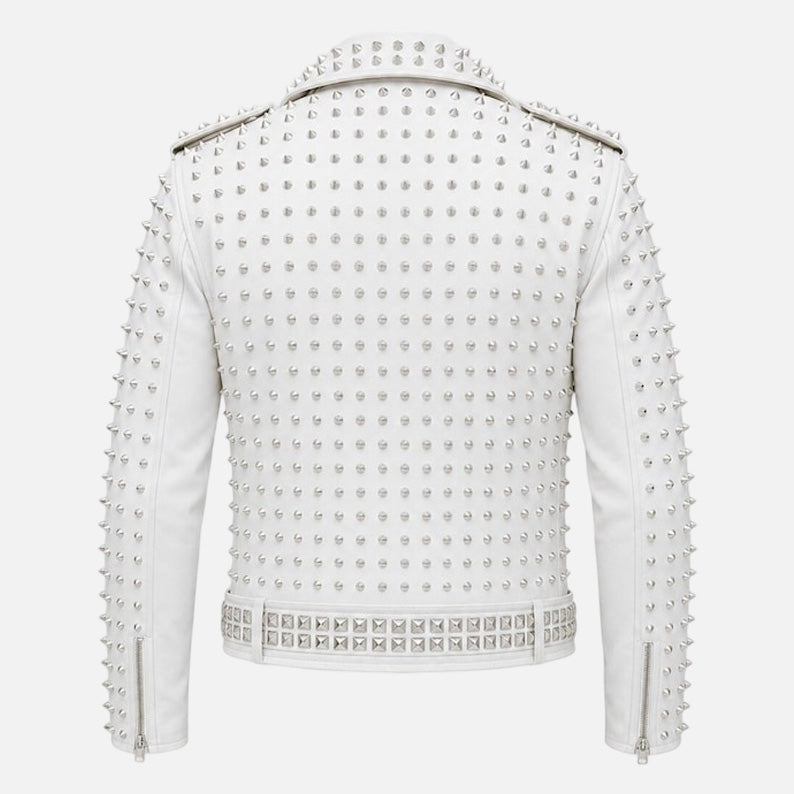 Best white punk moto jacket for men with asymmetrical zipper and silver studs