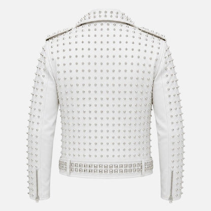 Best white punk moto jacket for men with asymmetrical zipper and silver studs