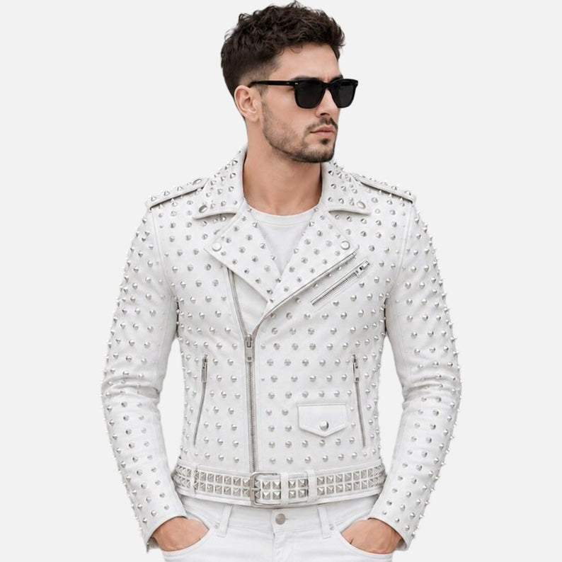 Stylish men’s white studded biker jacket with bold rocker inspired fashion look