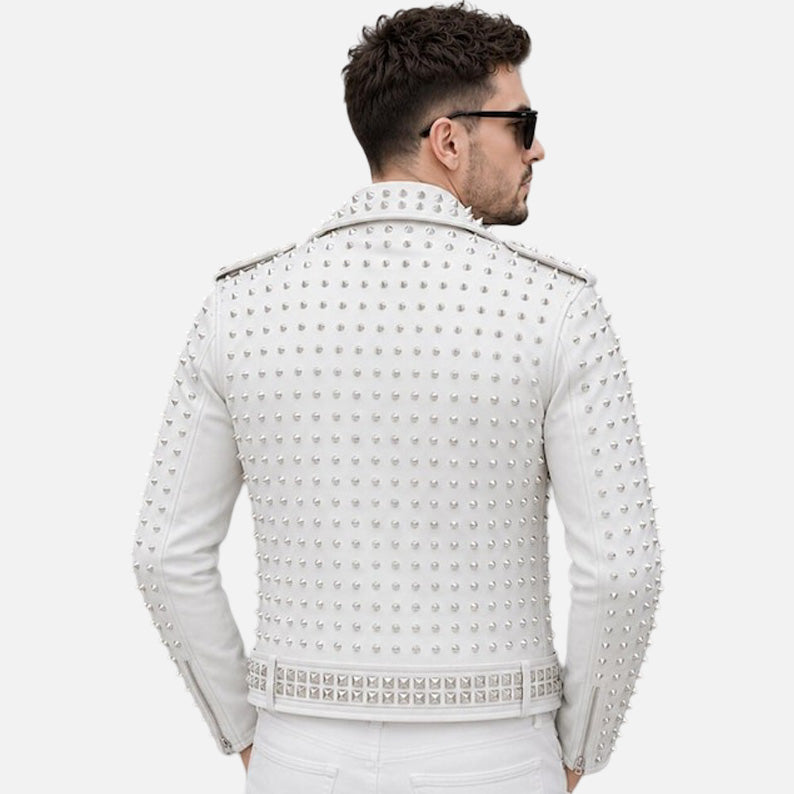 Premium white studded leather jacket for men with biker moto styling and silver rivets