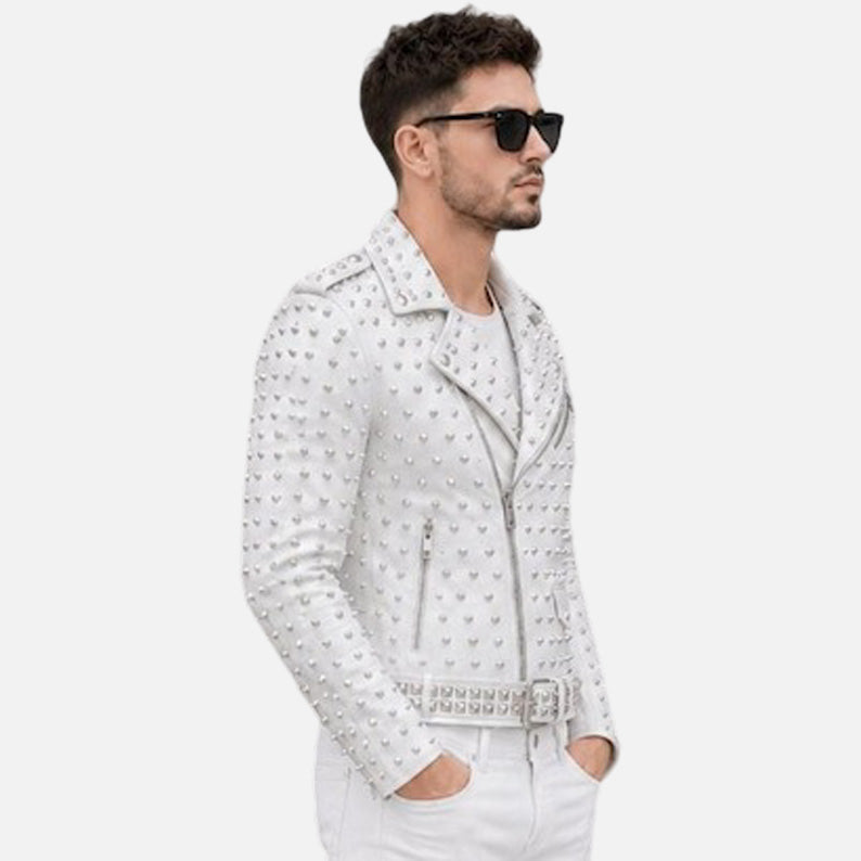 Affordable white biker moto jacket for men with punk fashion and statement studded detailing