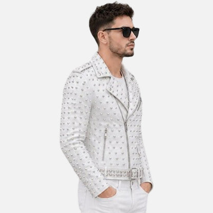 Affordable white biker moto jacket for men with punk fashion and statement studded detailing